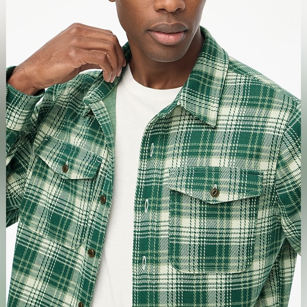 J. Crew Double Knit Work Shirt Flannel Green Plaid Button Down Collar Medium NWT